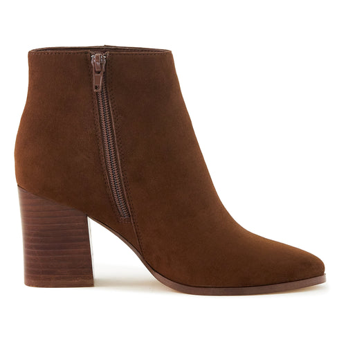 Bottines à Talon Empilé en Cuir Suédé Marron – Bout Amande