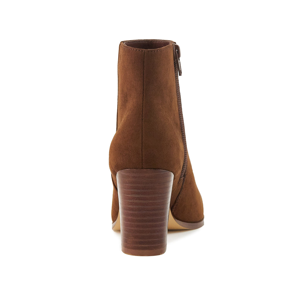 Bottines à Talon Empilé en Cuir Suédé Marron – Bout Amande