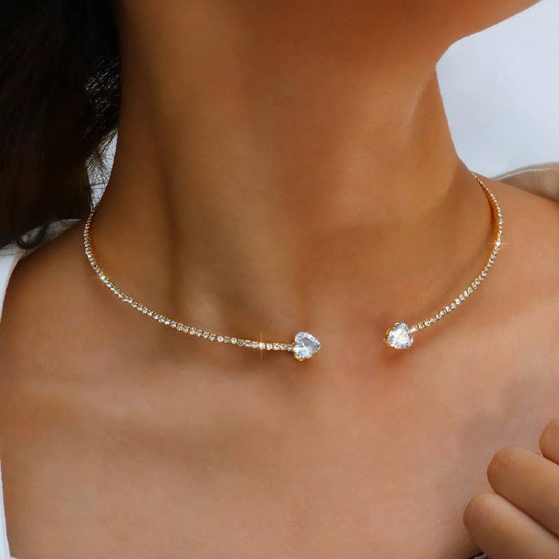 Collier Ras-du-Cou Choker Cœur Strass – Bijou Scintillant Argent ou Or Femme